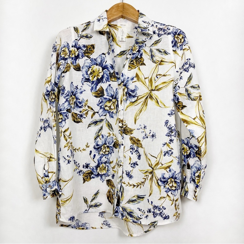 Joie 100% Linen Shirt with Blue and Gold Florals Size Medium‎